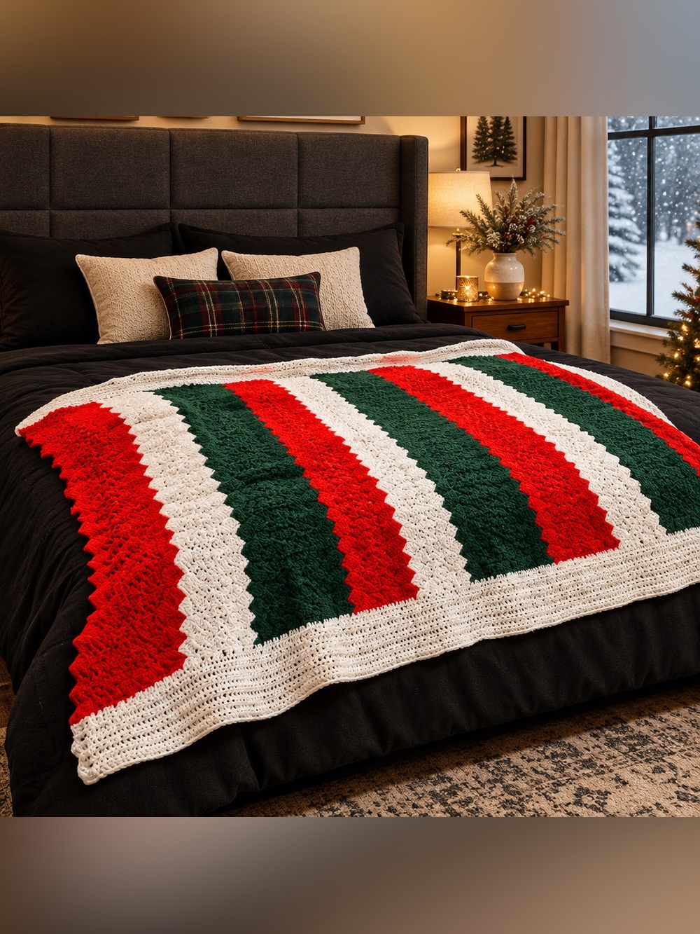 Handmade Cozy Holiday Chevron Striped Crochet Afghan Throw Blanket